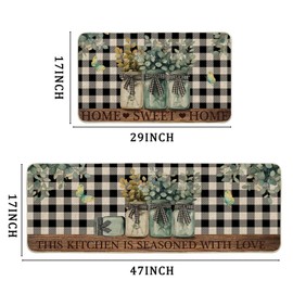 Lofaris Kitchen Rugs Set of 2 - Sweet Home Theme Green Leaves, Black and White Checkered Spring Kitchen Mats, 17x29 & 17x47 Inches, Decorative Floor Mats for Home & Kitchen