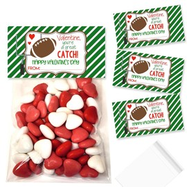 Amanda Creation Great Catch Football Themed Happy Valentine's Day Bag Toppers for Party Favor Treat Bags, Set of 20 Bag Toppers With 20 Self-Adhesive Bags Also Included
