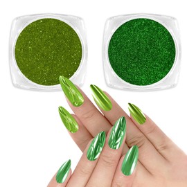 Allstarry Green Chrome Nail Powder, 2 Colors Metallic Effect Mirror Chrome Powder Pigment Manicure Magic Glitter Dust Kit for Gel Polish Nail Art Decoration with 2 Eyeshadow Sticks- Wheat Field Green