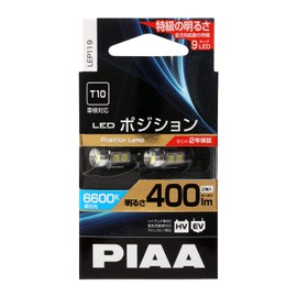 PIAA LEP119 Position Bulb, LED, 6,600K, Ultra High Illumination, 400 lm, 12 V, 2.8 W, Road Transport Vehicle Act Compliant, T10 Constant Current & Interactive Control Circuit, Built-in Omnidirectional Diffusion 9 Chip, Pack of 2