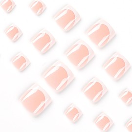 Square False Toenails - 24pcs Toenail Press Ons - French Tips Toe Press On Nails - Shimmer French Fake Toenails - Glossy Stick On Toes with Glue - Full Cover Toe Nails for Women Girls Manicure