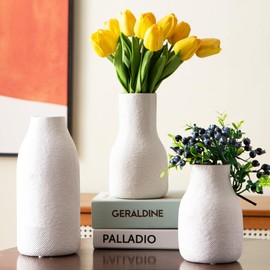 Tenforie Decorative White Ceramic Vase Set for Modern Boho Home Decor – Set of 3 Textured Pottery Vases for Dried Flowers, Pampas Grass, Living Room, Shelf, or Entryway Display