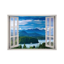 Lake Mountain Landscape View Window 3D Wall Decal Art Removable Wallpaper Mural Sticker Vinyl Home Decor West Mountain™ W13 (Large (49''W x 35''H))
