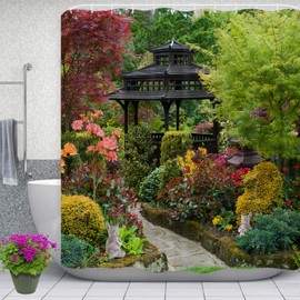 3D Garden View Shower Curtain, Flowers Trees Outdoor Nature Scenery Garden Decoration, Quick-Drying Polyester Waterproof Bath Shower Curtain Bathroom Decor with Hooks, 180X180cm/ 71X71 in