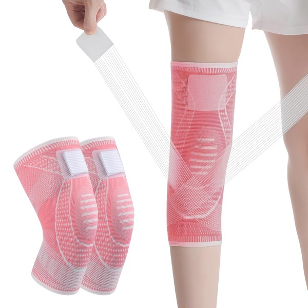 Leikedun Knee Brace for Women, Compression Knee Brace with Straps for Sports, Running, Arthritis, Joint Pain, Ligament Injuries, Knee Pain Relief (Pink, L) 2 Pack