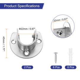 sourcing map 2Pcs Closet Rod End Supports, 0.87" Stainless Steel Flange Rod Holder Bracket End Supports with Screws for Bathroom Closet Curtain, Silver