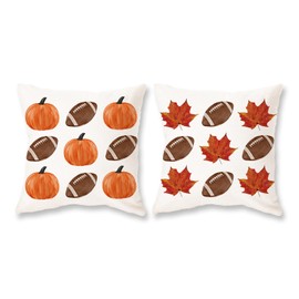TAJWE Fall Pillow Covers 18x18 Inch Set of 2 Pumpkins Maple Leaves Football Autumn Pillowcases Farmhouse Decorative Seasonal Thanksgiving Cushion Cases for Sofa Couch Home Decor