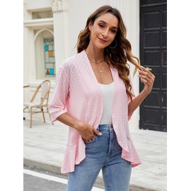 Famulily Women's Cardigans for Summer and Spring, Loose Netted Ruffle Cardigan Front Open Ladies Cover ups (XL, Pink)