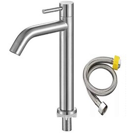 Bath&Bath Single Lever Faucet, Stainless Steel Long Faucet, Standing Faucet, Washbasin (A-type Height 7.3 inches (185 mm) Single Faucet + 19.7 inches (50 cm) Hose)