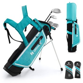 ULTIMATE Junior Complete Golf Club Set, 11-13 Years Old Kids Complete Golf Club Set w/300CC #1 Driver, #5 Hybrid, #7# 9#S Irons & Putter, Versatile Stand Bag, Kids Golf Stand Bag Set with Rain Hood