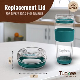 Tupkee Glass Sip Lid Cyan - Replacement for Double Wall Tumbler, 14oz & 8oz Hand Blown Travel Mug