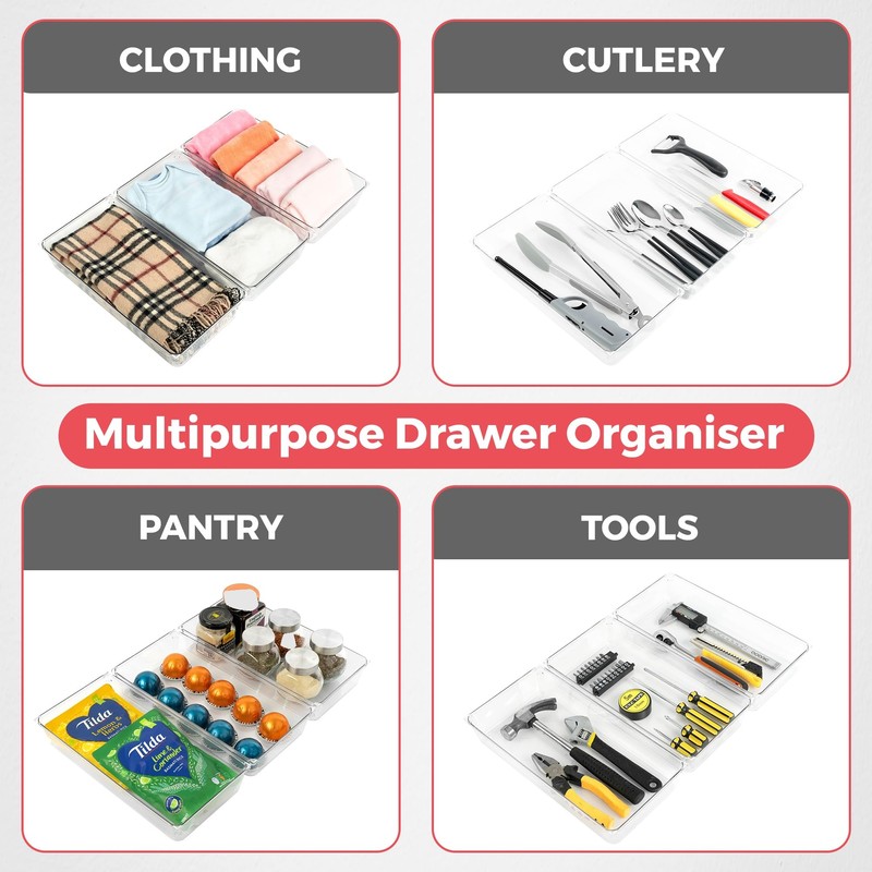 Amtido 3 Pack Drawer Organisers - Sturdy Clear Plastic Storage