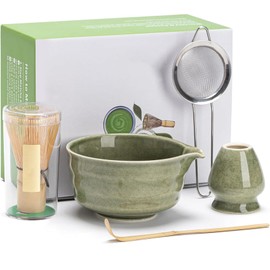 Matcha Whisk Set, Japanese Tea Bowl with Spout, Bamboo Matcha Scoop Strainer Holder, Matcha Whisk Kit for Matcha Tea Ceremony, Green
