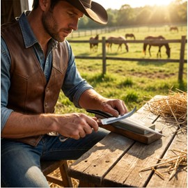 Lonsenbao Hoof Knife Sharpening Rod - 10” Professional Honing Steel for Farrier & Farm Knives with Ergonomic Solid Wood Handle & Protective Sheath