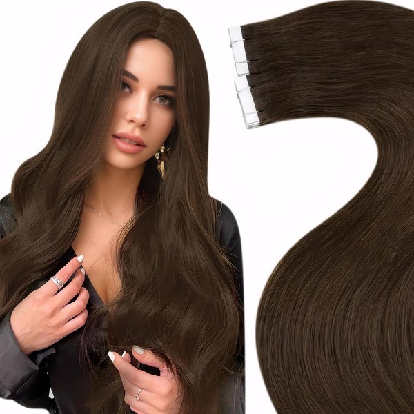 LaaVoo Tape-In Real Hair Extensions, Glue in Extensions, Dark Brown, Invisible, 35 cm, 40 g/20 Pieces, #4