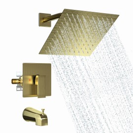 Modern Shower Faucet Set,8-Inch High Pressure Rainfall Shower Head,Complete Rain Shower System with Bathtub Spout and Rough-in Valve Trim kit(Brushed Gold)