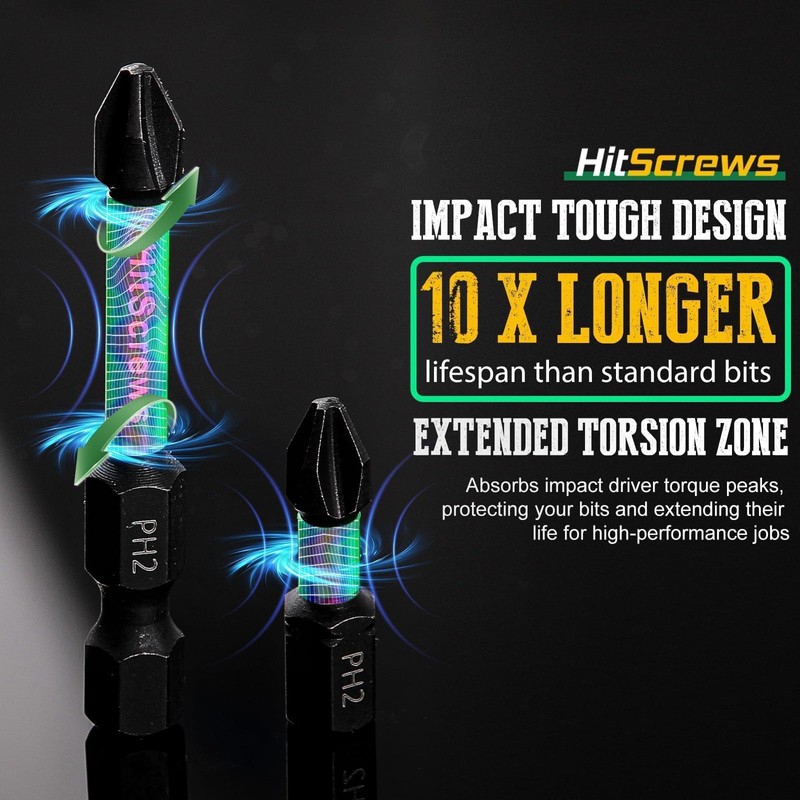 Hitscrews PH2 Phillips Bits #2 – 10 Pack 6" Extra