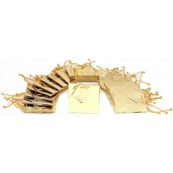 Metallic Gold Glossy Retail Jewelry Shopping Gift Bags 4" x 2.75" x 4.5" Kit 100 Pcs