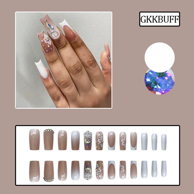24 Pieces Medium Length False Nails Flower Fake Nails Rhinestone