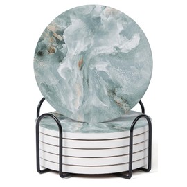Hoomey Set of 6 Abstract Marble Coasters with Holder, Absorbent Ceramic Coasters for Drinks, Coasters with Cork Backing for Table Protection, Housewarming Gifts for New Home