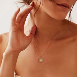 MJartoria 14K Gold Plated Cubic Zirconia Initial Necklace for Women, Geometric 3D Square Pendant A-Z Letter M Necklace, Dainty Gold Necklace for Women Jewelry Gifts