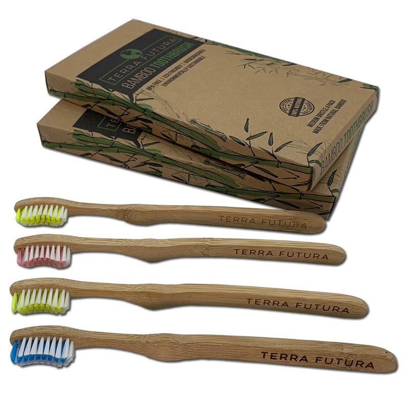 Terra Futura Bamboo Toothbrush 4 Pack, Ergonomic Toothbrush. Eco Friendly,