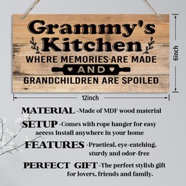 Grammy's Kitchen Sign - Where Memories Are Made and Grandchildren are Spoiled, Grammy Home Decor for Kitchen, Decorative Hanging Wall Plaque Wood Sign, Grammy Gift from Grandson Granddaughter