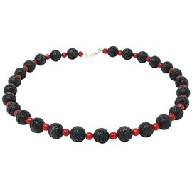 Lava & Coral Necklace Black / Red 925 Silver 51 cm, Sterling Silver