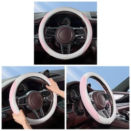 OURTIME Solvent-Free Leather Car Steering Wheel Cover, Solvent-Free Leather Splicing Ice Silk, Heavy Duty,Breathable,Soft,Comfortable, Universal 15 inch (White with Pink)