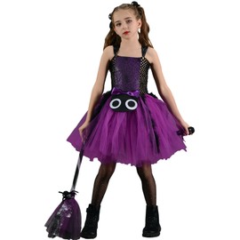 FEOYA Children's Girls' Spider Dress, 3-Piece Tutu Witch Dress with Hair Clip and Witch Broom, Sleeveless, Adjustable Shoulder Straps, Outfits, Fancy Dress, Carnival Role Play, Children's Holiday