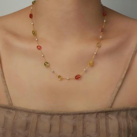 ALRNBY Colorful Flower Choker Necklace for Women Boho Trendy Gold Chain Necklace Stainless Steel Beaded Chain Necklace Cute Dainty Jewelry Gift Non Tarnish (Color 2 Colorful Stone)