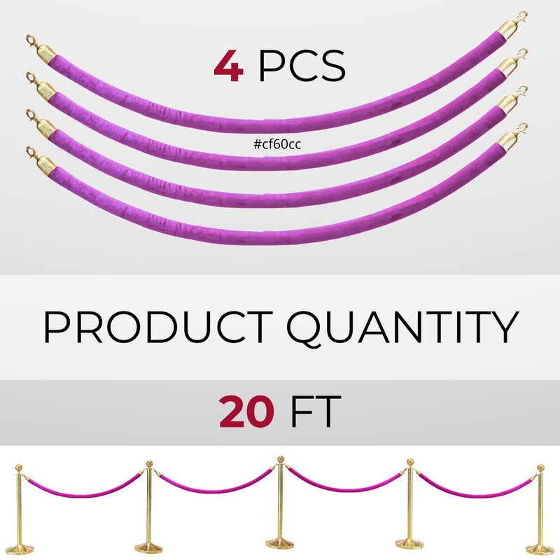 4 PCS Pink Purple Velvet Rope - 5 Ft Barrier