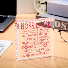 Yalikop Boss Christmas Gifts Boss Lady Gifts for Women 4 x 4 x 0.6 Inch Acrylic Lady Desk Office Decor Inspirational Quotes Appreciation Keepsake and Paperweight(Classic Style,Pink)