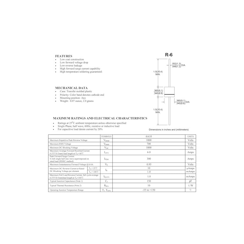 ALLECIN 6A10 Rectifier Diode 6A 1000V R-6 Rectifier Diode Axial