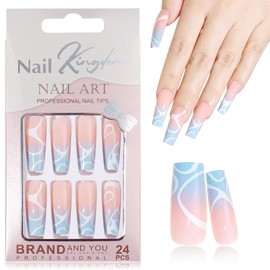 EternalClassic Blue French Tip Press on Nails Long Square Ombre Fake Nails Square, Glossy Acrylic Nails Press on 24pcs False Nail Tips Stick on Nails for Women