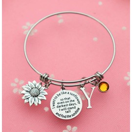 Eilygen Sunflower Bracelet Gift Initial Charm Bracelet 26 Letters Adjustable Bracelet for Women Encouragement Jewelry for Her (Sunflower Bangle Y)