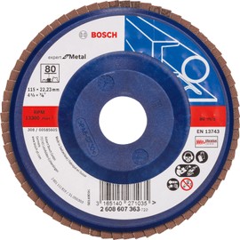 Bosch 2608607363 Expert for Metal Flap disc (Plastic) for Angle Grinders, Straight version-115 Diameter, 22 mm bore diameter-80 grit, Blue/Brown