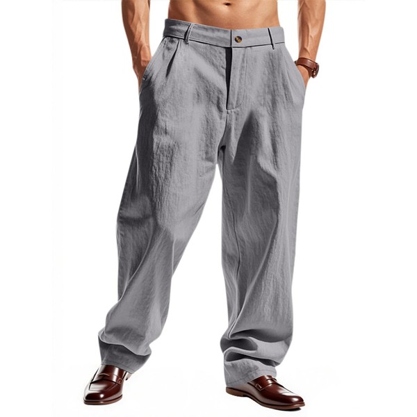 TAFLE Mens Linen Pants Lightweight Solid Casual Pants Straight-Legs Loose