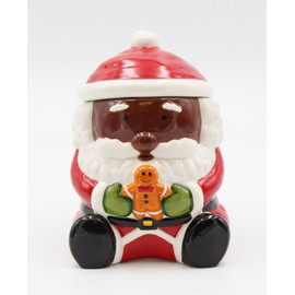 Fine Ceramic Ethnic African American Black Christmas Santa Candy Box, 7-1/8" H
