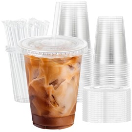 Lamosi 50 Pack 16 OZ Clear Plastic Cups with Lids and Straws, Disposable Iced Coffee Cups with Lids for To-Go Cold Drinks, Smoothies and Slushie