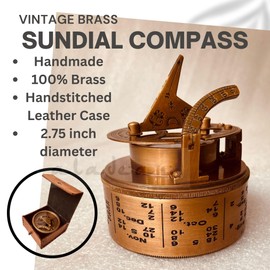 ALADEAN Vintage Brass Sundial Compass Antique Nautical Ship Sundial Clock in Keepsake Leather Gift Box Sun Clock Gift for Men & Women (Drum Sundial 2.75")