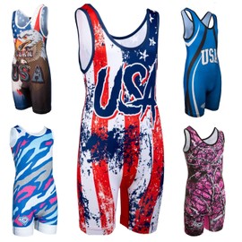 KO Sports Gear - Unisex Wrestling Singlet, Comfortable & Breathable, 4 Way Stretch, Gymnastics, Running, Weightlifting (USA Flag, Adult X-Small)