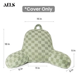 AELS Large Reading Pillow Replacement Cover with Arms and Pockets (Cover ONLY), 18" Soft Faux Fur Checkered Backrest Pillow Cover Fits Standard Size Reading Pillows, Sage Green