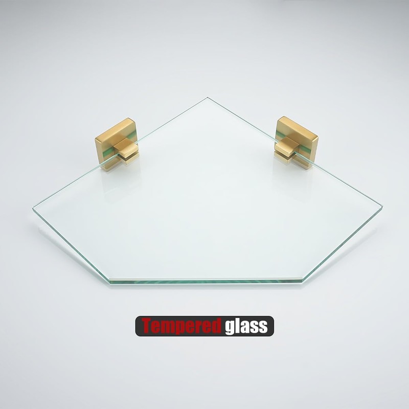 JQK Corner Glass Shelf, Brushed Gold Bathroom 304 Stainless Steel