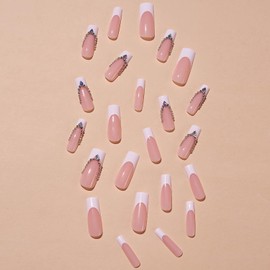 FOXIIU Press on Nails Coffin Long Length Glossy Full Cover Acrylic Coffin Shape French False Nails with Rhinestone Designs Artificial Square Fake Nails with Charms Stick on Fingernails for Women