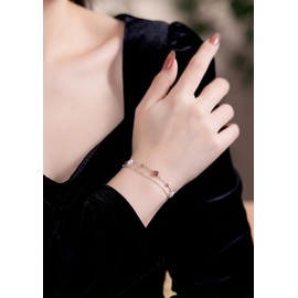 RADIANT REVIVE 925 Sterling Silver Clover Bracelet with White and Black Mother of Pearl Charm, Four Leaf Lucky Small Gift for Women (Silver)