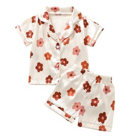 Qiylii 1-6Y Toddler Girls Floral Silk Pajamas Short Sleeve Button-Up Top Shorts Summer 2PC Flowers Satin Pajamas Set (Floral#2, 2T)