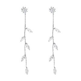 Gold Crystal Dangling Earrings for Women Long Crystal Leaf Drop Dangle Earrings Dangling Cubiz Zirconia Threader Earrings Bridal Wedding Drop Earrings Jewelry (Silver Style)