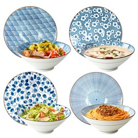 YALONG Ramen Bowls Set of 4, 8 Inch 38oz Porcelain Noodle Bowls for Pho, Ramen & Soup, Large Ceramic Ramen Bowl Set Microwave & Dishwasher Safe, Japanese Blue and White Style