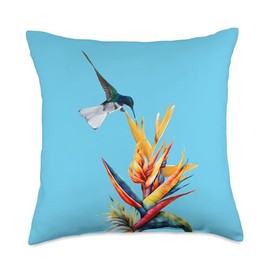 Gift Idea for Birders and Bird Lovers Hummingbird Feeding on Tropical Bird of Paradise Throw Pillow, 18x18, Multicolor